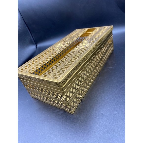 Vintage Gold Filigree Rose Tissue Box Cover Silver MCM Hollywood Regency - Picture 9 of 14